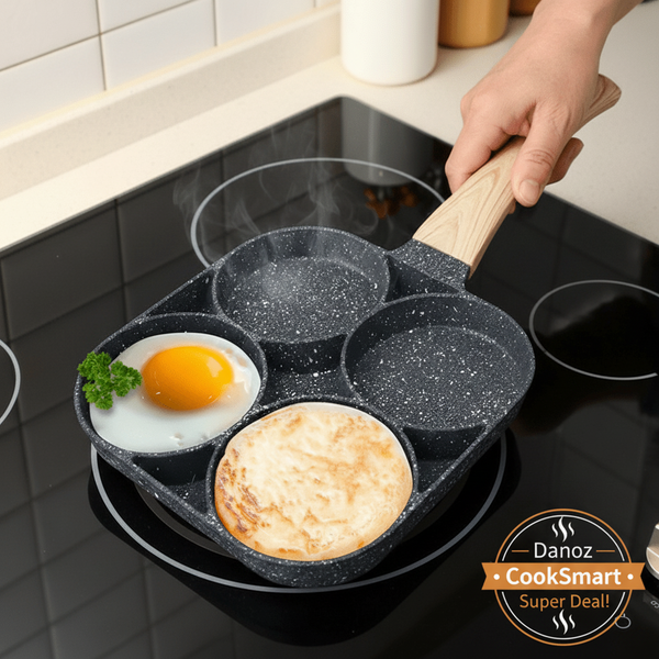 Danoz Cookware🍳🧑‍🍳 EggMate Frying Pan - perfect for cooking pancakes and eggs with its nonstick surface and 4 - cup design - danozdirect