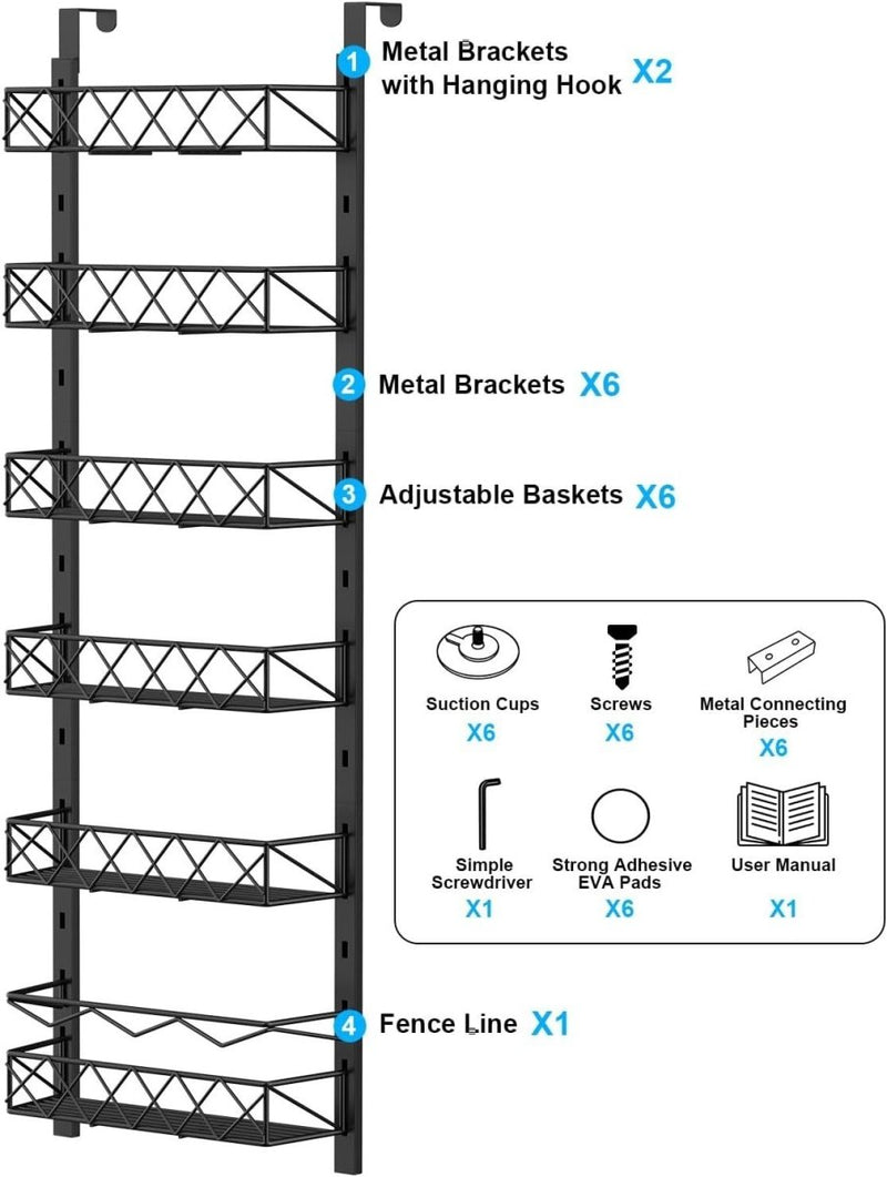 Danoz Direct - 6 Tier Adjustable Baskets Over Door Pantry Organiser for Home Kitchen - danozdirect