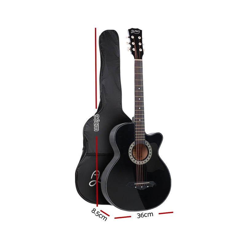 Danoz Direct - Alpha 38 Inch Acoustic Guitar Wooden Body Steel String Full Size Cutaway Black - danozdirect