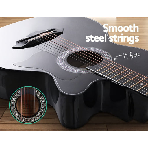Danoz Direct - Alpha 38 Inch Acoustic Guitar Wooden Body Steel String Full Size Cutaway Black - danozdirect