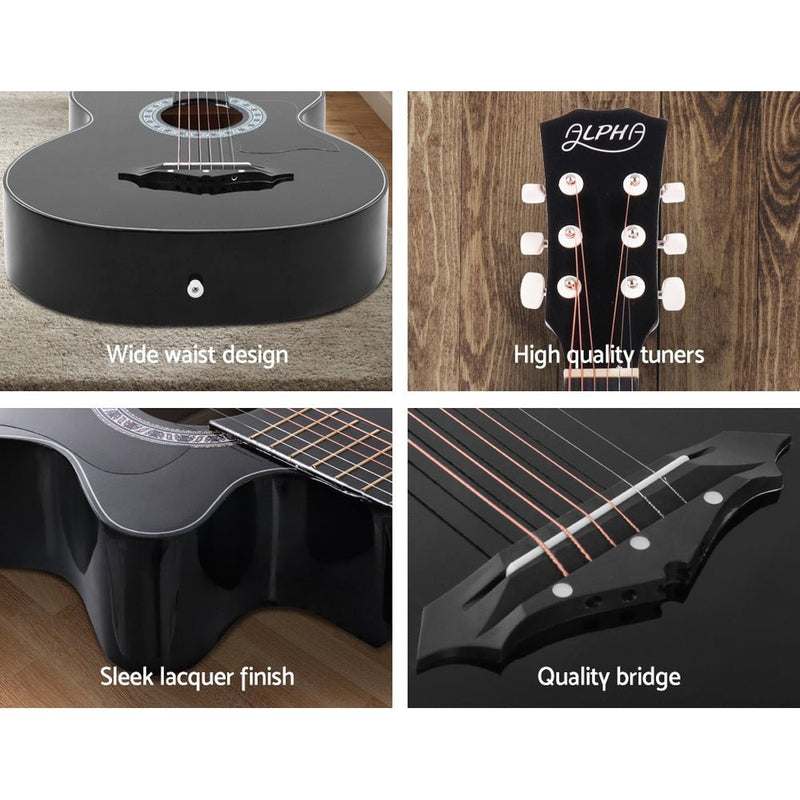 Danoz Direct - Alpha 38 Inch Acoustic Guitar Wooden Body Steel String Full Size w/ Stand Black - danozdirect