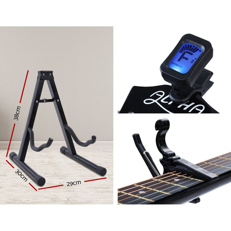 Danoz Direct - Alpha 38 Inch Acoustic Guitar Wooden Body Steel String Full Size w/ Stand Black - danozdirect