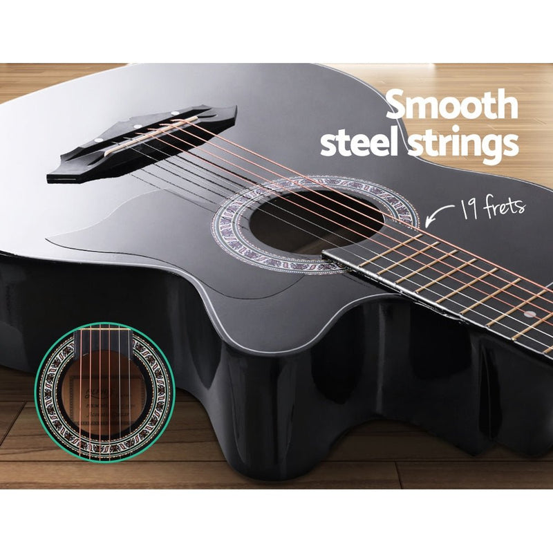 Danoz Direct - Alpha 38 Inch Acoustic Guitar Wooden Body Steel String Full Size w/ Stand Black - danozdirect