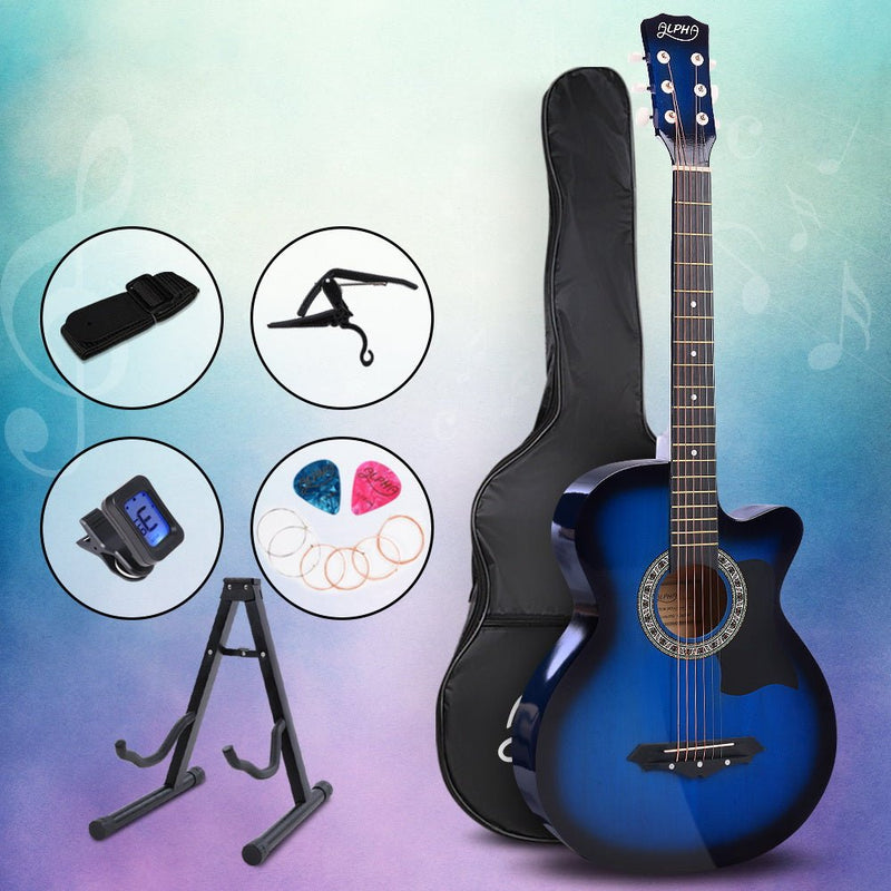 Danoz Direct - Alpha 38 Inch Acoustic Guitar Wooden Body Steel String Full Size w/ Stand Blue - danozdirect