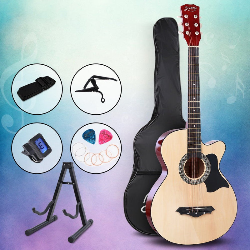 Danoz Direct - Alpha 38 Inch Acoustic Guitar Wooden Body Steel String Full Size w/ Stand Wood - danozdirect