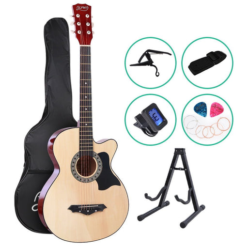 Danoz Direct - Alpha 38 Inch Acoustic Guitar Wooden Body Steel String Full Size w/ Stand Wood - danozdirect