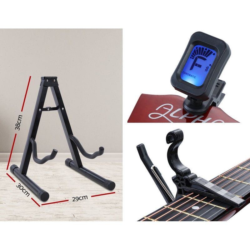 Danoz Direct - Alpha 38 Inch Acoustic Guitar Wooden Body Steel String Full Size w/ Stand Wood - danozdirect