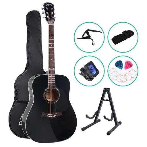 Danoz Direct - Alpha 41 Inch Acoustic Guitar Wooden Body Steel String Dreadnought Stand Black - danozdirect