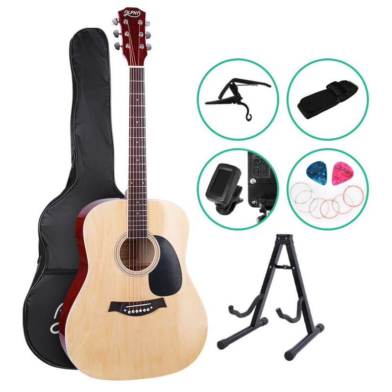 Danoz Direct - Alpha 41 Inch Acoustic Guitar Wooden Body Steel String Dreadnought Stand Wood - danozdirect
