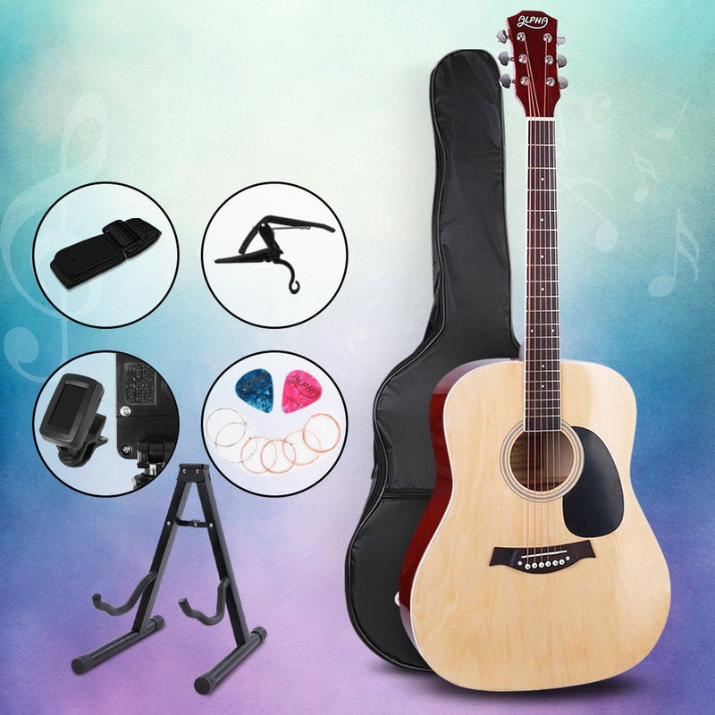 Danoz Direct - Alpha 41 Inch Acoustic Guitar Wooden Body Steel String Dreadnought Stand Wood - danozdirect
