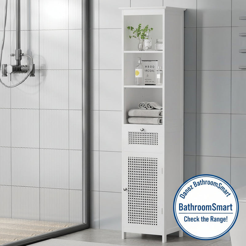 Danoz Direct - Artiss Bathroom Cabinet Storage 161cm White Rattan Tallboy Toilet Cupboard - danozdirect