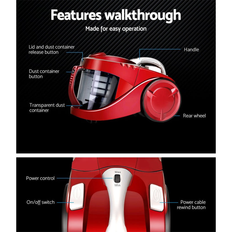 Danoz Direct - Devanti 2200W Bagless Vacuum Cleaner in a vibrant red color. With powerful suction and a bagless design - danozdirect
