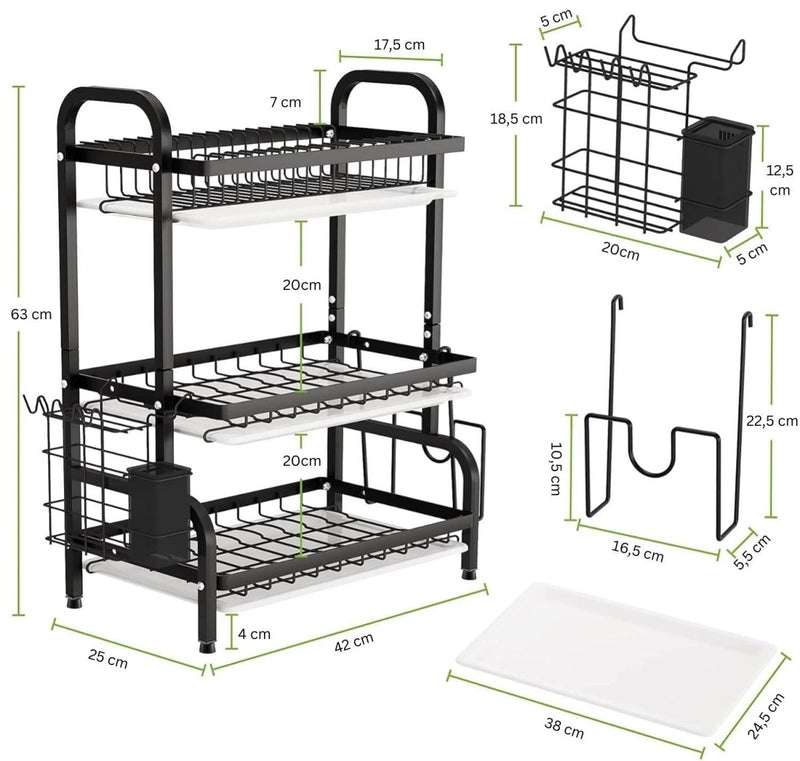 Danoz Direct - Dish Drying Rack 3 Tier Large Capacity Kitchen Storage with Utensil and Cutting Board Holder - danozdirect