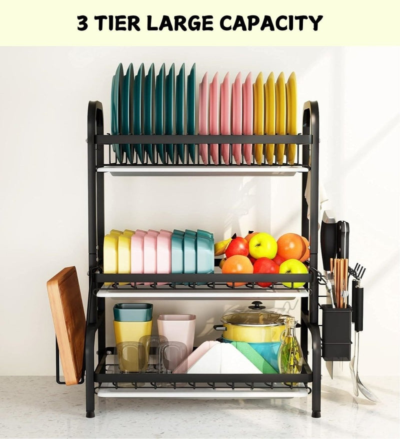 Danoz Direct - Dish Drying Rack 3 Tier Large Capacity Kitchen Storage with Utensil and Cutting Board Holder - danozdirect