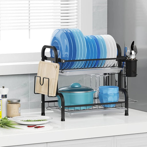 Danoz Direct - Dish Rack 2 Tier Dish Dryer Drainer Stainless Steel Dish Drying Rack Drip Trays Side Holder Kitchen Storage Save Space - danozdirect