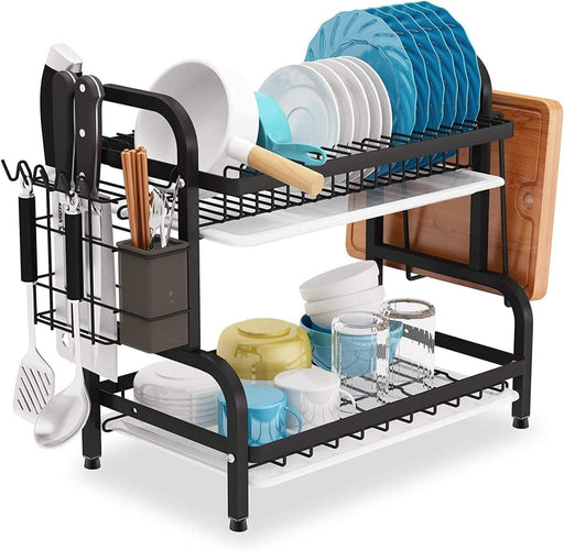 Danoz Direct - Dish Rack 2 Tier Dish Dryer Drainer Stainless Steel Dish Drying Rack Drip Trays Side Holder Kitchen Storage Save Space - danozdirect