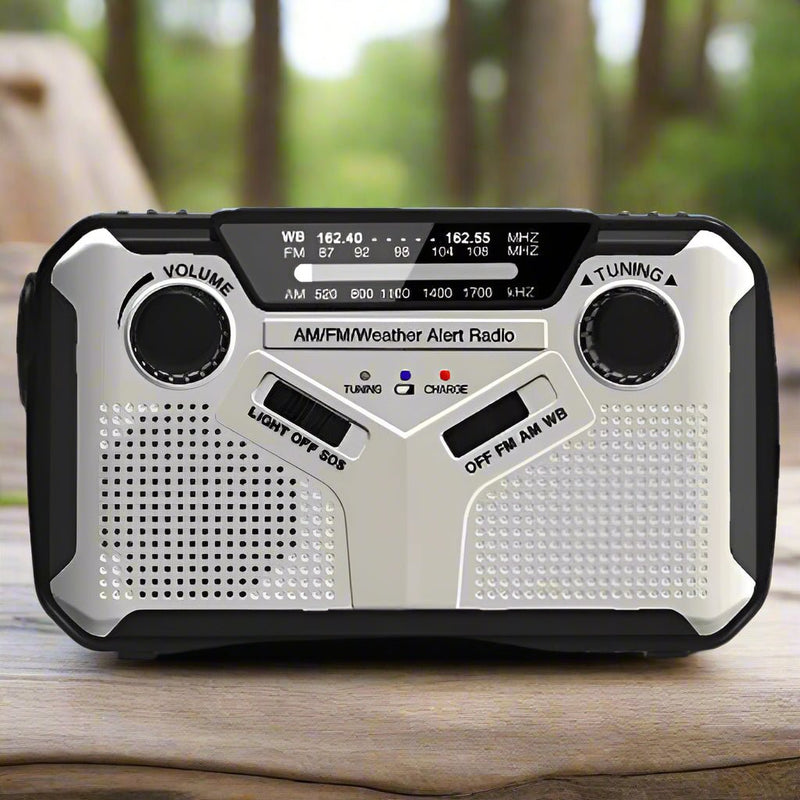 Danoz Direct Emergency Radio 📻. Portable radio features AM/FM reception, solar hand crank, USB charging capabilities - danozdirect