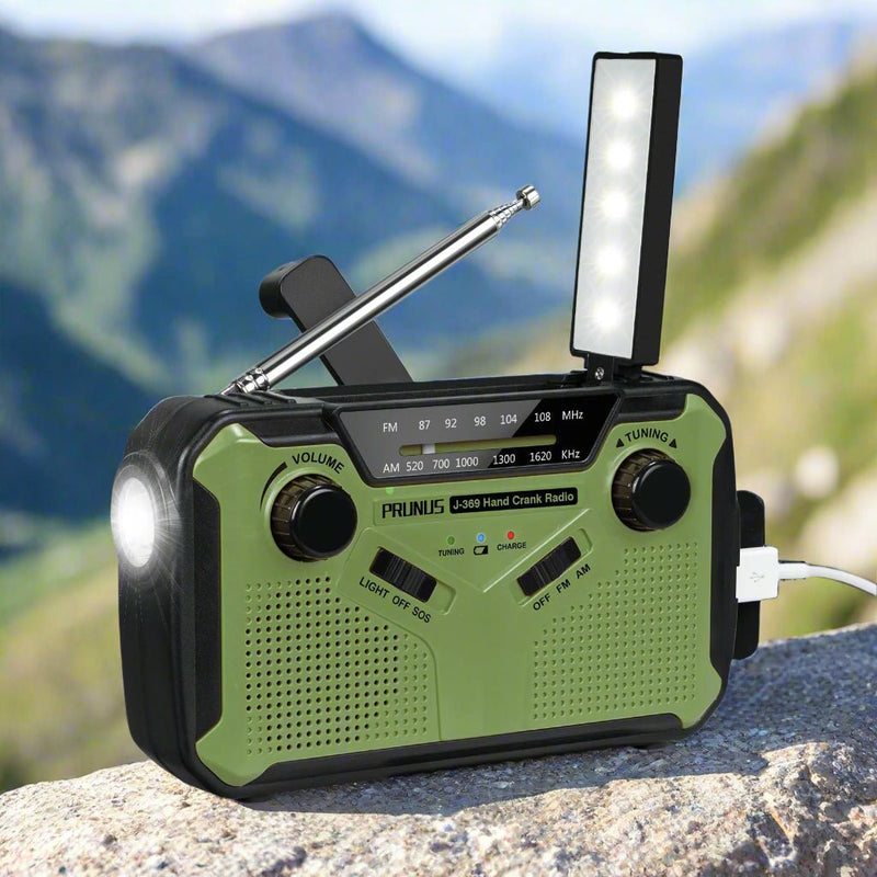 Danoz Direct Emergency Radio 📻. Portable radio features AM/FM reception, solar hand crank, USB charging capabilities - danozdirect