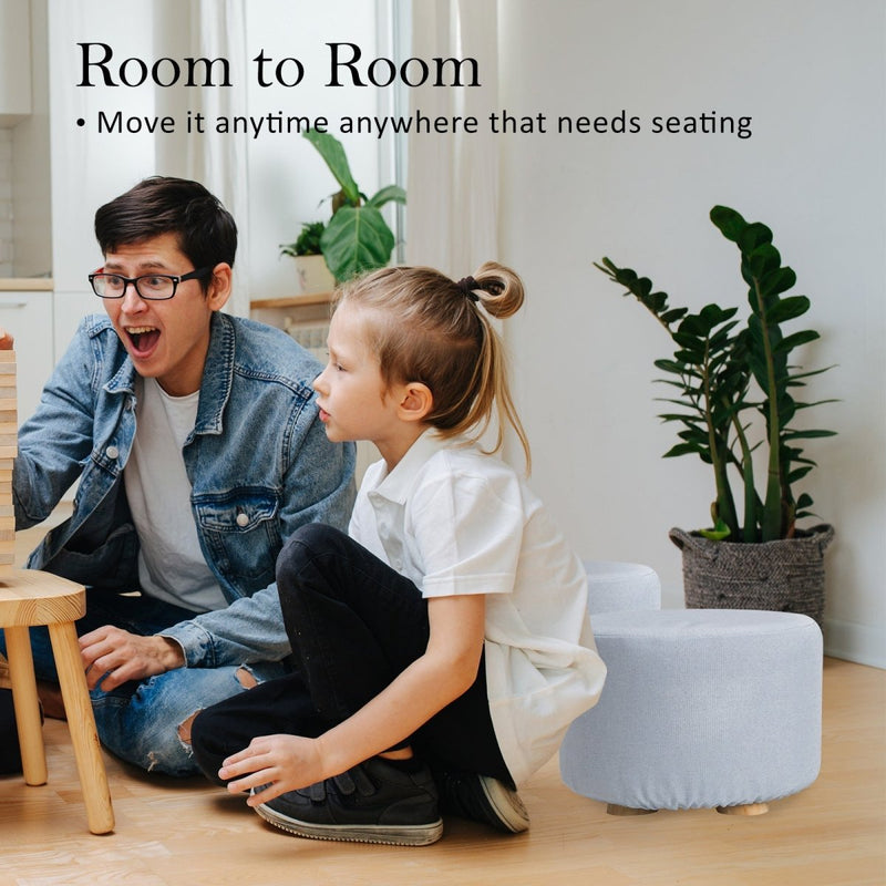 Danoz Direct - Fabric Ottoman Round Wooden Leg Foot Stool - LIGHT BLUE - danozdirect