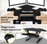 Danoz Direct - Fortia Corner Desk Riser 110cm Wide Adjustable Sit to Stand for Dual Monitor, Keyboard, Laptop, Black - danozdirect