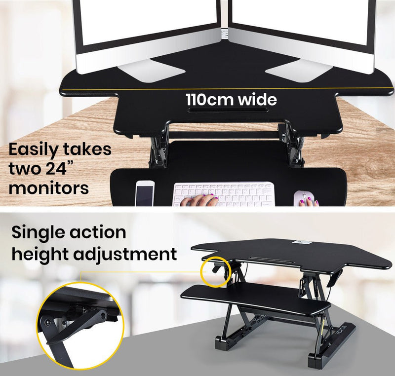 Danoz Direct - Fortia Corner Desk Riser 110cm Wide Adjustable Sit to Stand for Dual Monitor, Keyboard, Laptop, Black - danozdirect