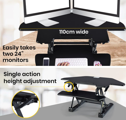 Danoz Direct - Fortia Corner Desk Riser 110cm Wide Adjustable Sit to Stand for Dual Monitor, Keyboard, Laptop, Black - danozdirect