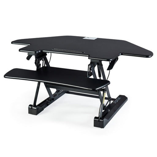 Danoz Direct - Fortia Corner Desk Riser 110cm Wide Adjustable Sit to Stand for Dual Monitor, Keyboard, Laptop, Black - danozdirect