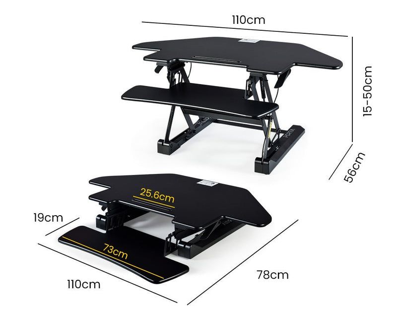 Danoz Direct - Fortia Corner Desk Riser 110cm Wide Adjustable Sit to Stand for Dual Monitor, Keyboard, Laptop, Black - danozdirect