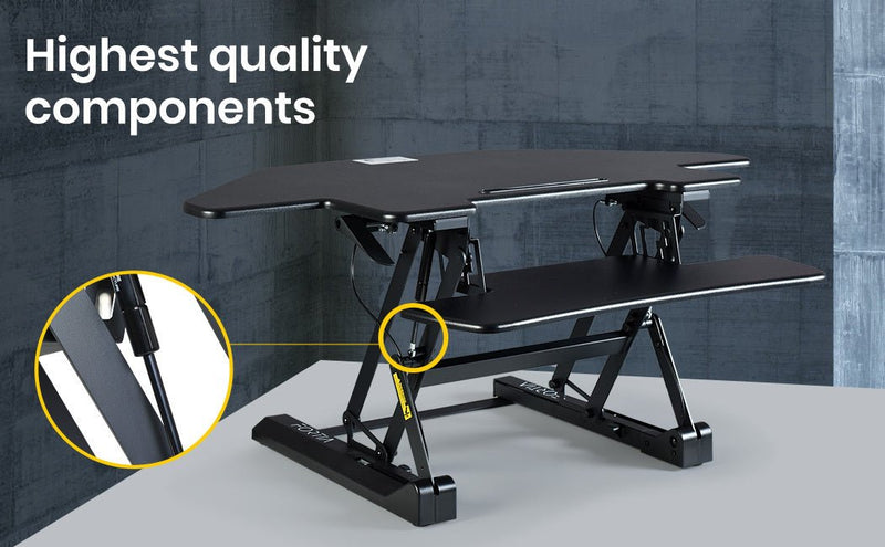 Danoz Direct - Fortia Corner Desk Riser 110cm Wide Adjustable Sit to Stand for Dual Monitor, Keyboard, Laptop, Black - danozdirect