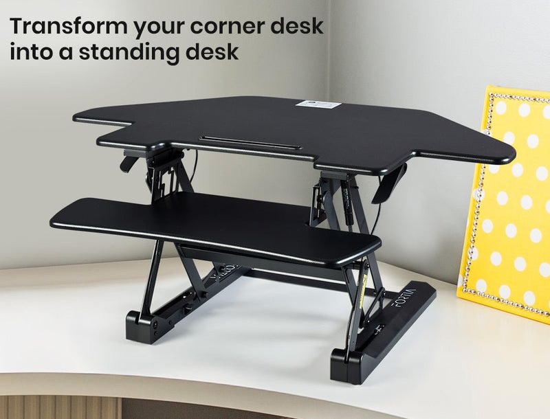 Danoz Direct - Fortia Corner Desk Riser 110cm Wide Adjustable Sit to Stand for Dual Monitor, Keyboard, Laptop, Black - danozdirect