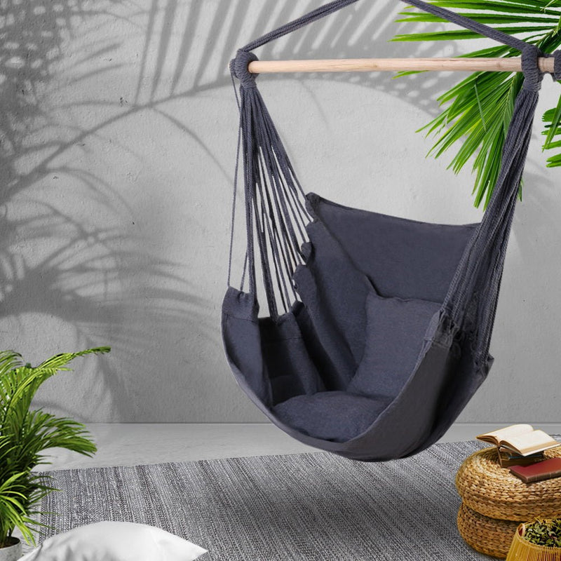 Danoz Direct - Gardeon Hammock Chair Outdoor Camping⛺ Hanging Hammocks Cushion Pillow Grey - danozdirect
