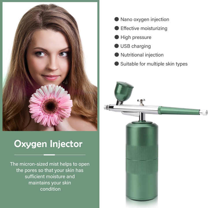 Danoz Direct - Green Portable Oxygen Infusion Nano Spray Facial Beauty Instrument - High Pressure Needle - Free Skin Care Mist Sprayer - danozdirect