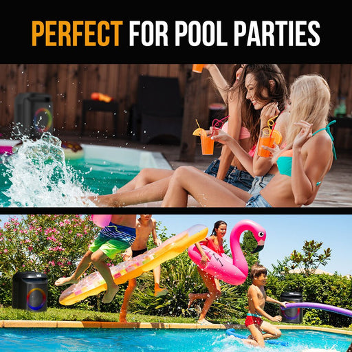 Danoz Direct - M&B Portable Splash Proof 80W Bluetooth Party Speaker, IPX4, TWS Pairing, Multi - Input, Lithium Battery, RGB, USB Charging - danozdirect