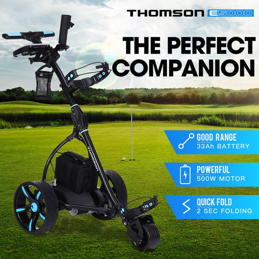 Danoz Direct - THOMSON Golf Buggy Electric Trolley Automatic Motorised Foldable Cart LED Black - danozdirect