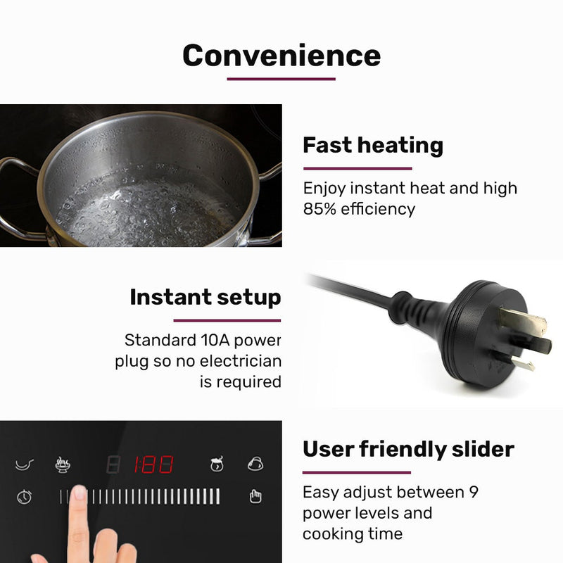 Danoz EUROCHEF Induction Cooktop, 2000W, 9 Heat Levels, Fast Electric Portable Cooker, Touch Controls with Slider - danozdirect