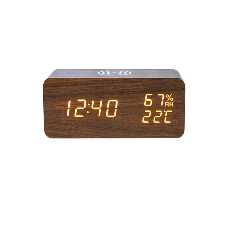 Danoz Exclusive - Digital Alarm Clock Wooden Temperature And Humidity Alarm Clock LED Electronic Clock Smartphone Wireless Charger - danozdirect