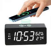 Danoz Exclusive - Digital Alarm Clock Wooden Temperature And Humidity Alarm Clock LED Electronic Clock Smartphone Wireless Charger - danozdirect