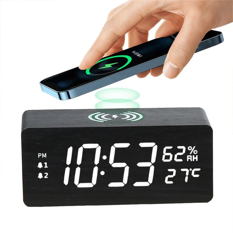 Danoz Exclusive - Digital Alarm Clock Wooden Temperature And Humidity Alarm Clock LED Electronic Clock Smartphone Wireless Charger - danozdirect