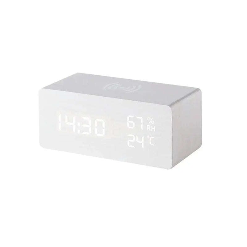 Danoz Exclusive - Digital Alarm Clock Wooden Temperature And Humidity Alarm Clock LED Electronic Clock Smartphone Wireless Charger - danozdirect