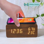Danoz Exclusive - Digital Alarm Clock Wooden Temperature And Humidity Alarm Clock LED Electronic Clock Smartphone Wireless Charger - danozdirect