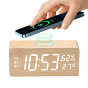 Danoz Exclusive - Digital Alarm Clock Wooden Temperature And Humidity Alarm Clock LED Electronic Clock Smartphone Wireless Charger - danozdirect