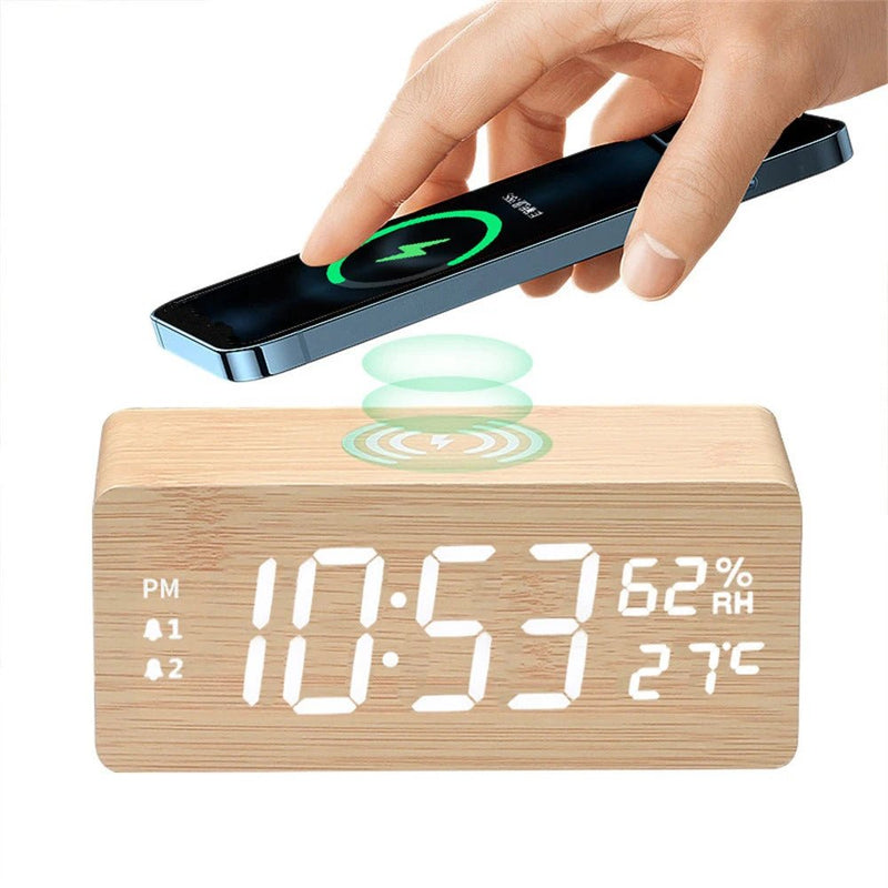 Danoz Exclusive - Digital Alarm Clock Wooden Temperature And Humidity Alarm Clock LED Electronic Clock Smartphone Wireless Charger - danozdirect