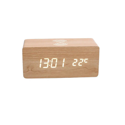 Danoz Exclusive - Digital Alarm Clock Wooden Temperature And Humidity Alarm Clock LED Electronic Clock Smartphone Wireless Charger - danozdirect
