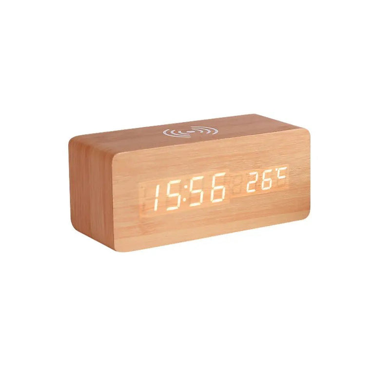 Danoz Exclusive - Digital Alarm Clock Wooden Temperature And Humidity Alarm Clock LED Electronic Clock Smartphone Wireless Charger - danozdirect