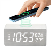 Danoz Exclusive - Digital Alarm Clock Wooden Temperature And Humidity Alarm Clock LED Electronic Clock Smartphone Wireless Charger - danozdirect