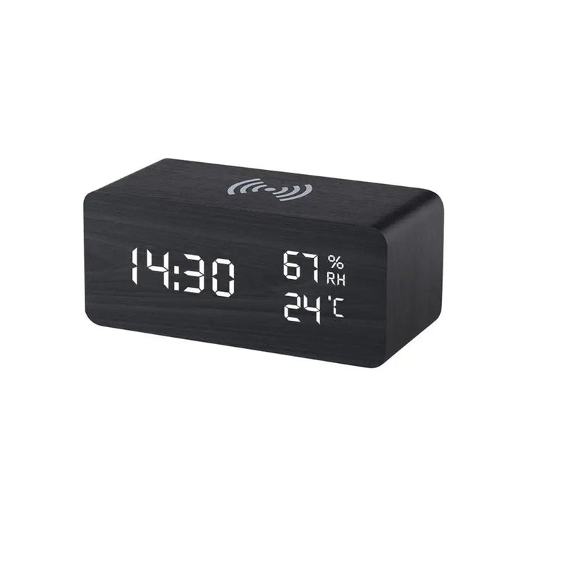 Danoz Exclusive - Digital Alarm Clock Wooden Temperature And Humidity Alarm Clock LED Electronic Clock Smartphone Wireless Charger - danozdirect