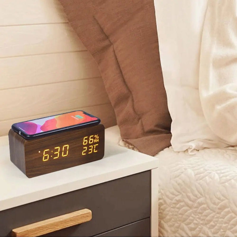 Danoz Exclusive - Digital Alarm Clock Wooden Temperature And Humidity Alarm Clock LED Electronic Clock Smartphone Wireless Charger - danozdirect