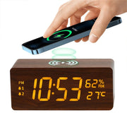 Danoz Exclusive - Digital Alarm Clock Wooden Temperature And Humidity Alarm Clock LED Electronic Clock Smartphone Wireless Charger - danozdirect