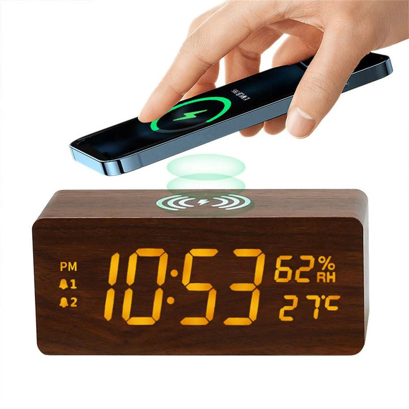 Danoz Exclusive - Digital Alarm Clock Wooden Temperature And Humidity Alarm Clock LED Electronic Clock Smartphone Wireless Charger - danozdirect