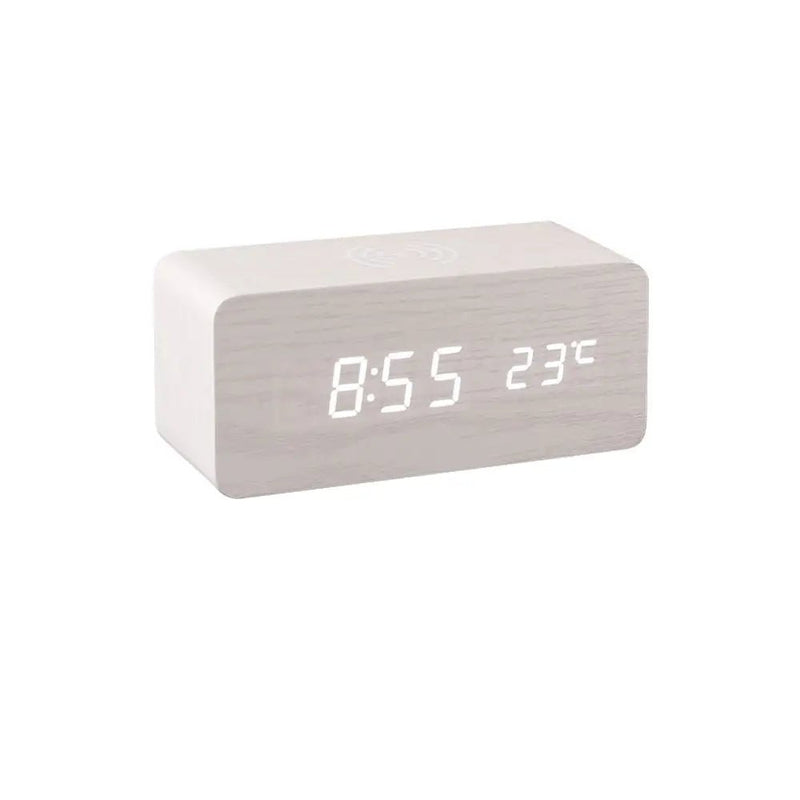 Danoz Exclusive - Digital Alarm Clock Wooden Temperature And Humidity Alarm Clock LED Electronic Clock Smartphone Wireless Charger - danozdirect